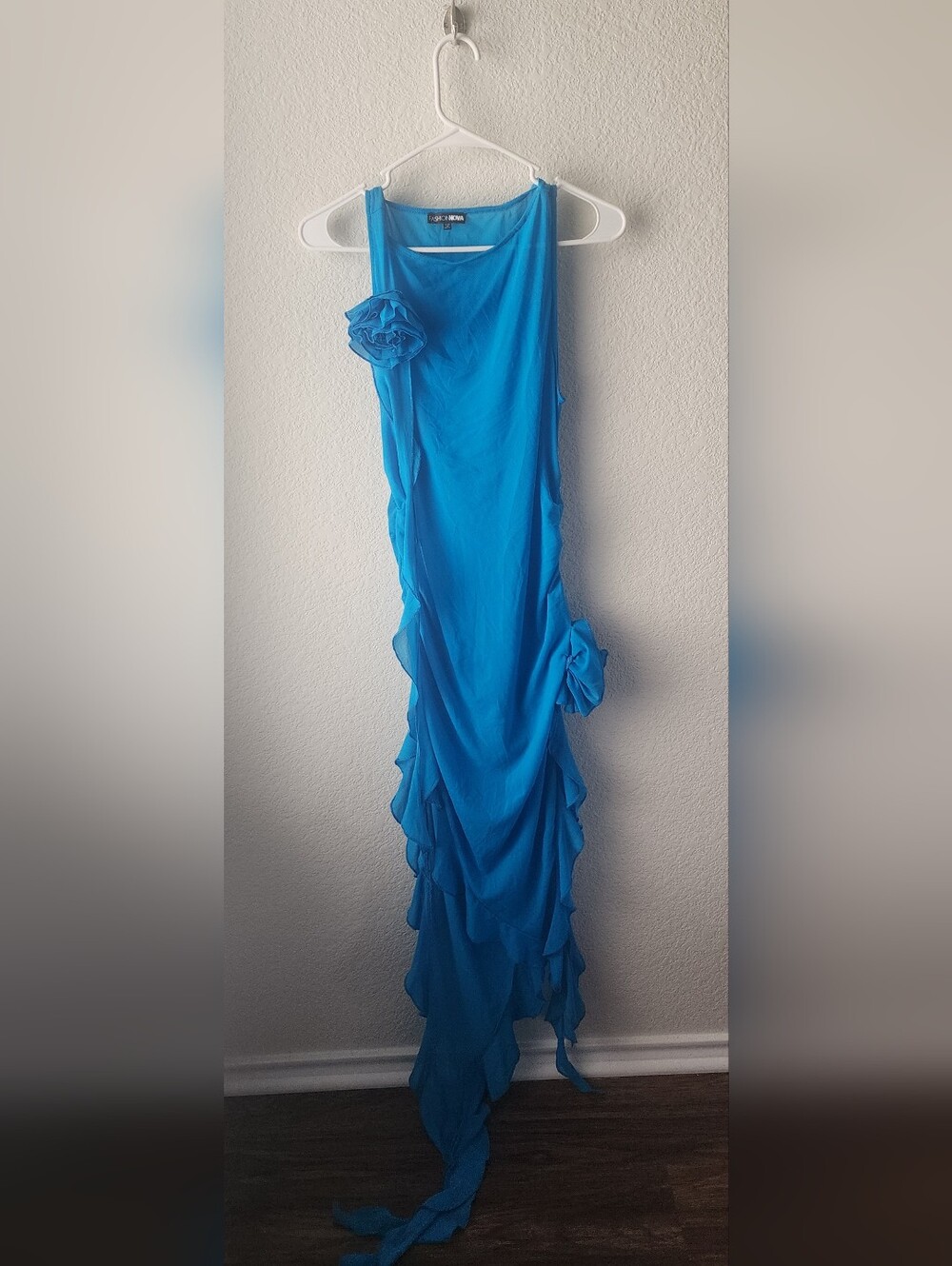 Fashion Nova Blue Sheer Ruffled Maxi Dress with Floral Appliqués - Picture 2 of 8